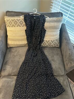 Ann Taylor Navy Midi Dress with White Dot Print and Tie Waist
